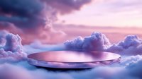 Futuristic metallic platform floating among dramatic purple clouds at sunset, glowing with ethereal light. Mystical sci-fi podium display against dreamy sky background.