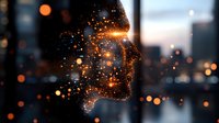 Glowing particles form silhouette of African American male profile against blurred city lights background, representing artificial intelligence and digital transformation.