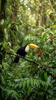 Toucan with bright yellow beak perched on branch in lush tropical rainforest surrounded by green foliage and red berries for wildlife photography.