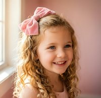 Adorable young Caucasian girl with curly blonde hair wearing pink bow headband smiling joyfully in soft natural light for children lifestyle photography.