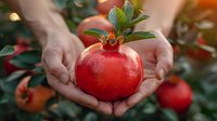 Hands holding fresh ripe pomegranate with green leaves in orchard. Organic fruit harvesting in autumn garden.