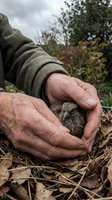 Elderly Caucasian person's weathered hands gently cupping a tiny wild baby bird nestled in dry leaves outdoors, symbolizing care and wildlife rescue.