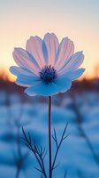 Single cosmos flower backlit at sunset with pink petals glowing against blue twilight background, creating dreamy ethereal mood for nature photography and floral art.