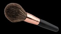 Makeup brush with natural bristles, rose gold ferrule and black handle, isolated on transparent background. Ready for beauty product design, cosmetics packaging, tutorials, and print-on-demand applications.