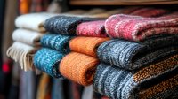 Cozy knitted winter scarves in various colors stacked on wooden shelf, featuring warm wool texture patterns in blue, orange, pink and gray tones. Perfect for seasonal fashion.