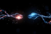 Dynamic collision of red and blue liquid splashes against black background creating abstract shapes with light effects and water droplets in motion.