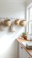 Scandinavian laundry room with woven baskets hanging on wooden pegs, white shiplap walls, natural wood countertop and linen storage bags for home organization.