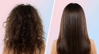 Woman with curly frizzy hair transformed to smooth straight hair showing before and after hair treatment results on pink blue background.