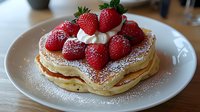 Fresh strawberry pancakes stacked on white plate, topped with whipped cream and powdered sugar, creating luxurious breakfast presentation.