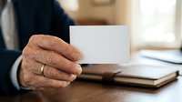 Mature man with wrinkled hands wearing business attire holding blank white card at wooden desk with notebook, suitable for corporate identity and professional networking concepts.