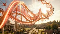 Glowing neon roller coaster track twisting above vineyard landscape with classical architecture and golden sunset sky for entertainment and travel concepts.