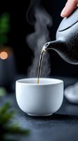 Hot tea pouring from teapot into white ceramic cup with rising steam against dark background, creating atmospheric mood for food and beverage photography.
