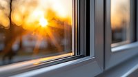 Sunset view through modern window frame with bokeh light effect and blurred background, creating warm atmospheric mood at dusk. Selective focus on window detail.