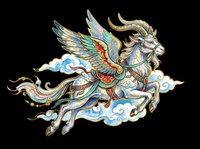 Ornate mythical winged goat with flowing mane and decorative clouds, isolated on transparent background. Ready for t-shirt design, clipart, stickers, sublimation, and print-on-demand projects.