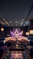 Two businessmen holding glowing neon crown symbol in modern luxury office with ambient lighting, representing leadership, success, and corporate achievement for business concepts.