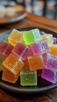Colorful sugar-coated jelly candy cubes in various fruit flavors arranged on dark ceramic plate. Close-up view shows texture and powdered coating.