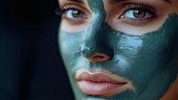 Young woman with green clay face mask and natural makeup, close-up portrait on dark background showing skincare and beauty treatment process.