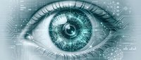 Digital eye with circuit patterns and technological elements representing artificial intelligence, cybersecurity, and futuristic vision concepts.