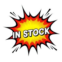 Comic book style explosion burst with IN STOCK text in speech bubble. Pop art halftone pattern in red and yellow colors for retail and business marketing.