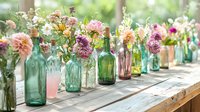 Vintage glass bottles with fresh garden flowers arranged on rustic wooden table. Soft natural lighting creates romantic wedding or party decoration setup.