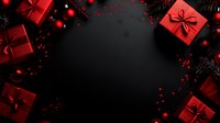 Red gift boxes with black bows arranged on dark background creating festive frame with copy space for text, holiday celebration concept with bokeh effect.