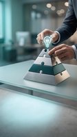Businessman placing glowing lightbulb icon on pyramid puzzle pieces, representing innovation strategy, business growth, and problem-solving solutions in corporate environment.