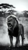 Powerful male lion roaring in African savanna with acacia trees in background. Dramatic black and white wildlife photography capturing raw strength and majesty.