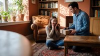 Young Caucasian woman experiencing emotional distress receives support from caring African American male therapist in warm home office setting.