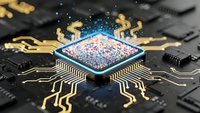Futuristic microprocessor chip with glowing circuits and digital particles on dark circuit board background for technology and computing concepts.