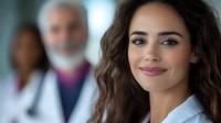 Young female medical professional with confident smile wearing white coat in hospital setting with diverse healthcare team members in background.