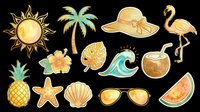 Tropical summer collection with sun, palm tree, straw hat, flamingo, pineapple, flower, monstera leaf, wave, coconut, starfish, shell, sunglasses and watermelon slice isolated on transparent background for t-shirt designs, clipart and sublimation.
