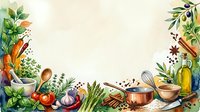 Watercolor culinary frame with fresh herbs, vegetables, cooking utensils and spices on cream background for recipe cards and kitchen design.
