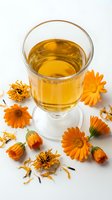 Herbal tea infusion in clear glass cup surrounded by fresh and dried calendula flowers on white background, suitable for wellness and natural beverage packaging.