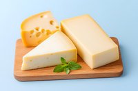 Various types of yellow cheese blocks and wedges arranged on wooden cutting board with fresh basil leaf garnish against light blue background.