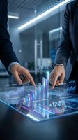 Businessman analyzing holographic financial data charts and graphs with growth statistics on futuristic digital tablet in modern office environment.