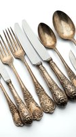Antique silver cutlery set with ornate engraved handles, including forks, knives, and spoons, isolated on white background.