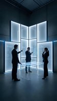 Three business professionals in formal attire conducting a meeting in a modern glass conference room with illuminated neon blue panels and minimalist design, suitable for corporate communications and business concepts.