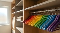 Organized walk-in closet with rainbow colored hangers displaying clothes in spectrum order from red to purple on wooden shelving system.