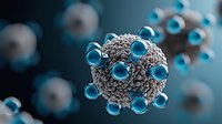 Microscopic view of virus cell with blue spike proteins on textured gray surface against dark background, medical science visualization showing pathogen structure.