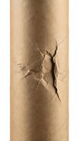 Brown kraft paper tube with dramatic torn hole revealing textured interior layers for packaging and shipping design concepts.