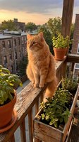 Orange tabby cat sitting on wooden railing of urban rooftop balcony with potted plants, overlooking cityscape at sunset. Perfect for pet, lifestyle, and urban living content.