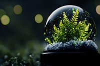 Green ferns and snow inside glass snow globe on dark background with bokeh lights, magical winter holiday decoration creating dreamy atmosphere.
