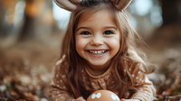 Joyful young girl with brown hair lying on autumn leaves, holding orange pumpkin and wearing cute animal ears, expressing genuine happiness with bright smile.