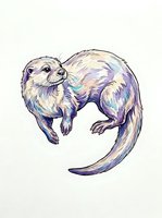 Watercolor otter illustration with purple and blue tones, isolated on white background. Suitable for children's books, nursery decor, apparel design and educational materials.