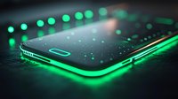 Modern smartphone with glowing green neon light effect and water drops on dark background, futuristic technology concept for mobile device advertising.