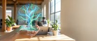 Holographic tree projection floating above open palm in modern office workspace with natural lighting and plants creating futuristic technology concept.