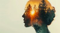 Double exposure silhouette of young woman combined with sunset forest landscape, symbolizing harmony with nature, mindfulness and mental health wellness concept for meditation practices.