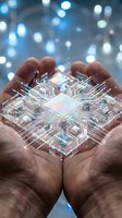 Hands holding glowing circuit board with digital pathways and processor core, representing technology innovation, artificial intelligence, and digital transformation against blurred bokeh background.