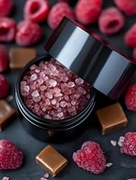 Pink himalayan salt crystals in black cosmetic jar surrounded by fresh raspberries and caramel chocolate pieces on dark background, macro food photography.