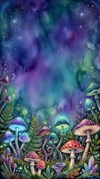 Enchanted forest scene with glowing mushrooms, magical plants, and starry night sky in purple, blue, and green watercolor tones, suitable for fantasy artwork, children's book illustrations, and mystical design projects.
